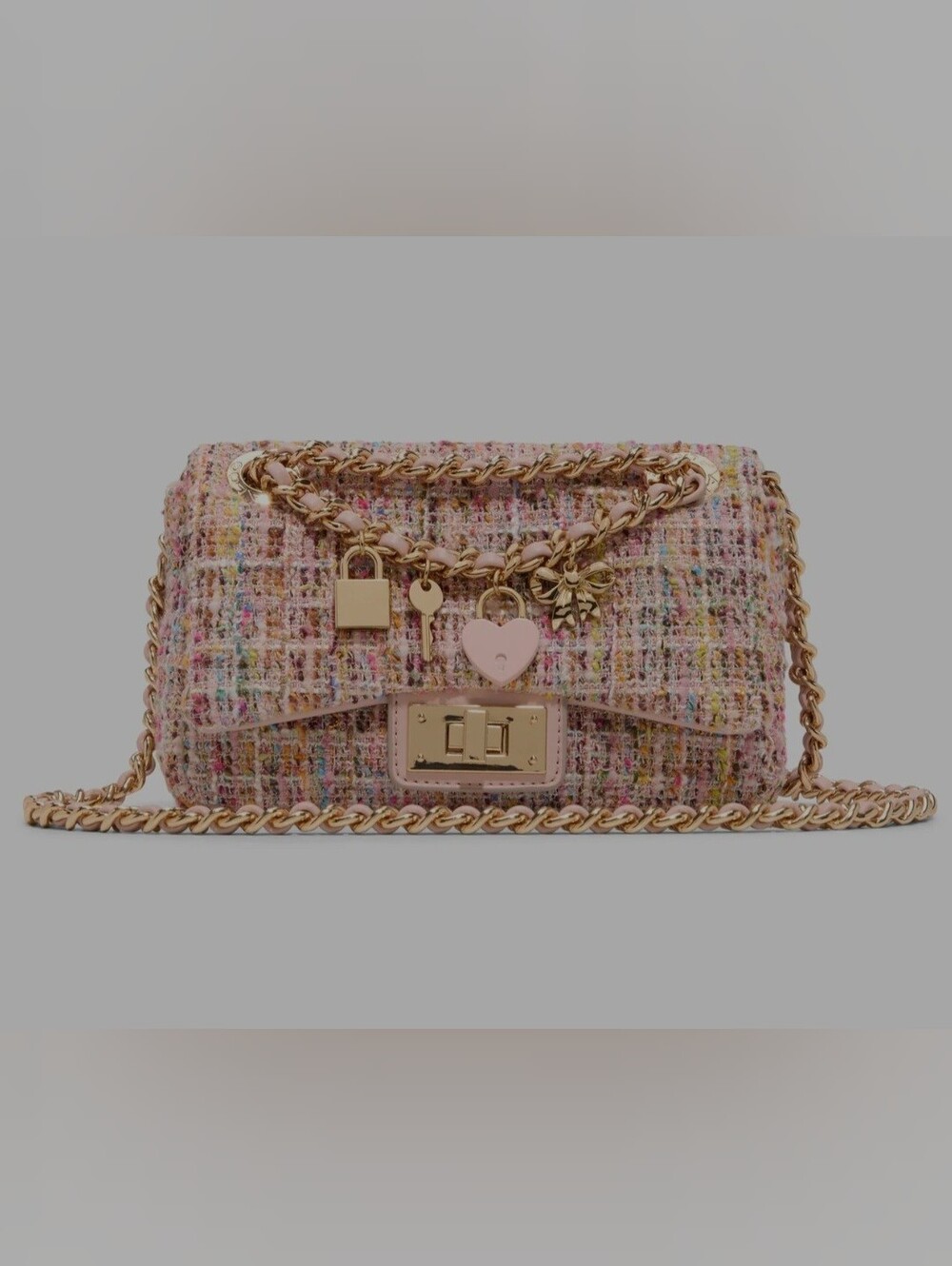 Aldo Pink Multicolor Tweed Chain Shoulder Bag with Heart Charm